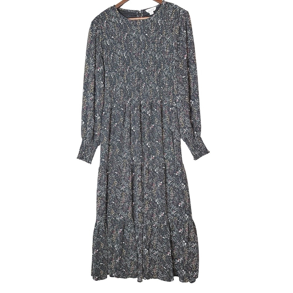 Allison New York Floral Smocked Midi Dress Womens XL Black Long Sleeve Tiered